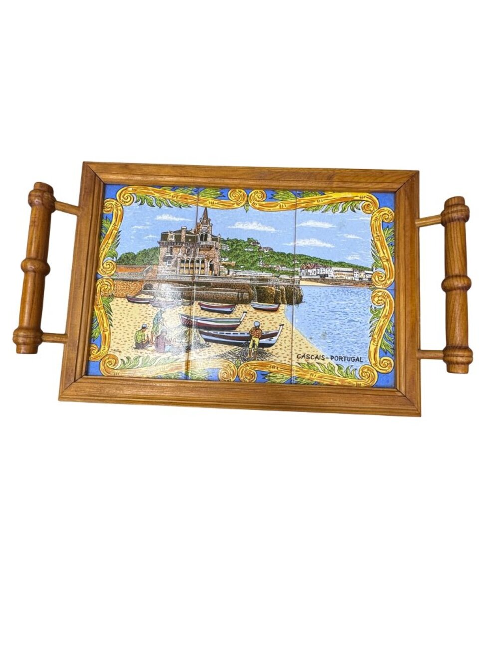 Portuguese Tile Serving Tray Wooden Frame & Handles Cascais Coastal Scene 17X10